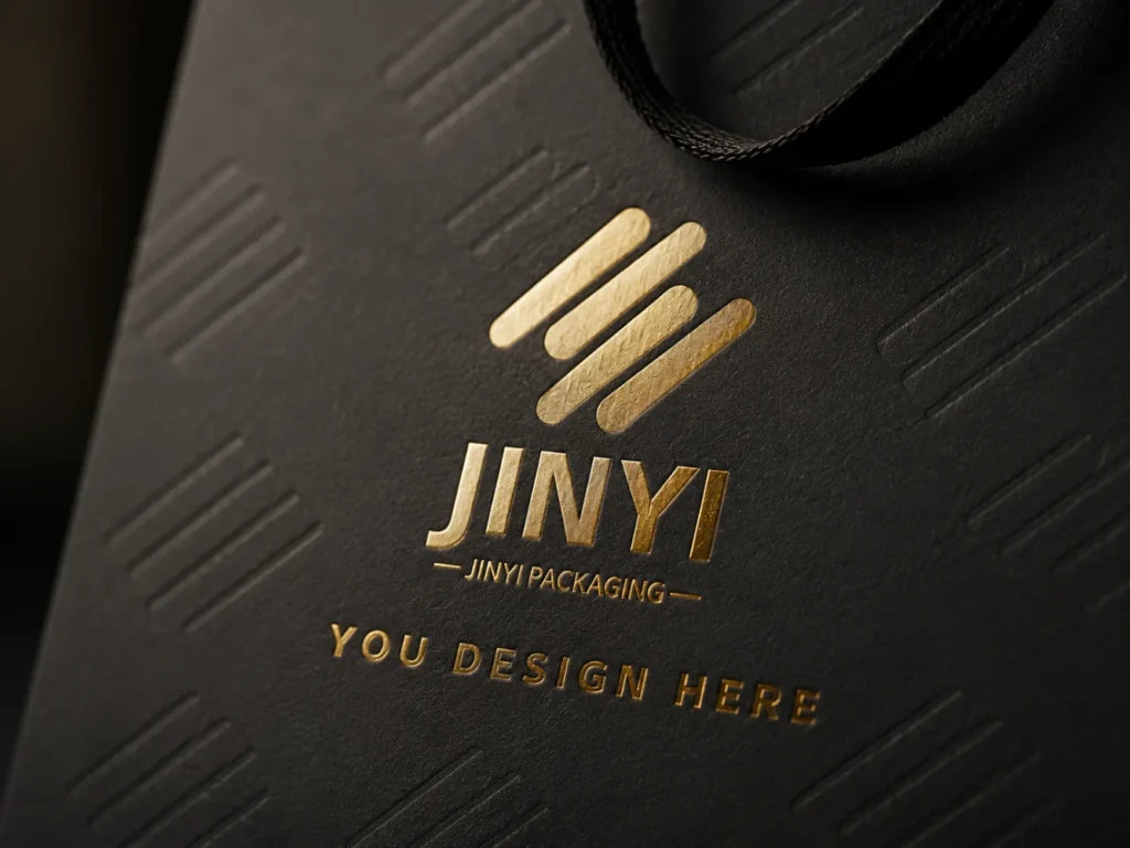 Close-up of custom gift bag surface with gold hot stamping and blind embossing texture on black kraft paper