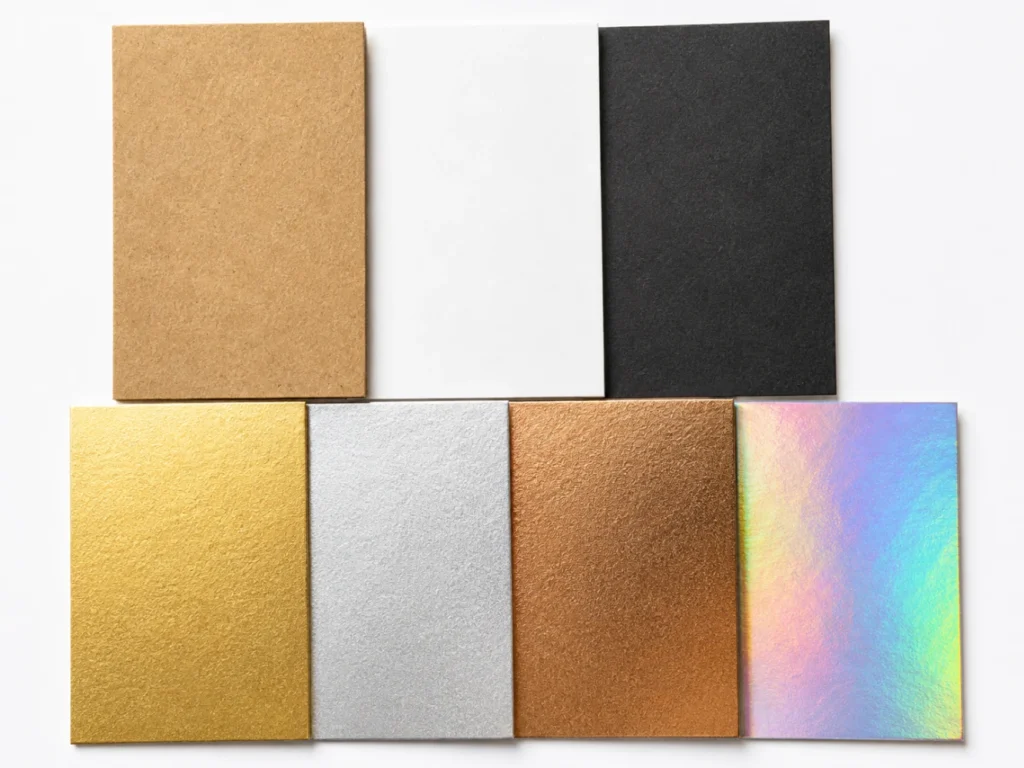 Paper material swatches for custom gift bags — natural kraft, white, black, gold metallic, silver, copper and holographic options