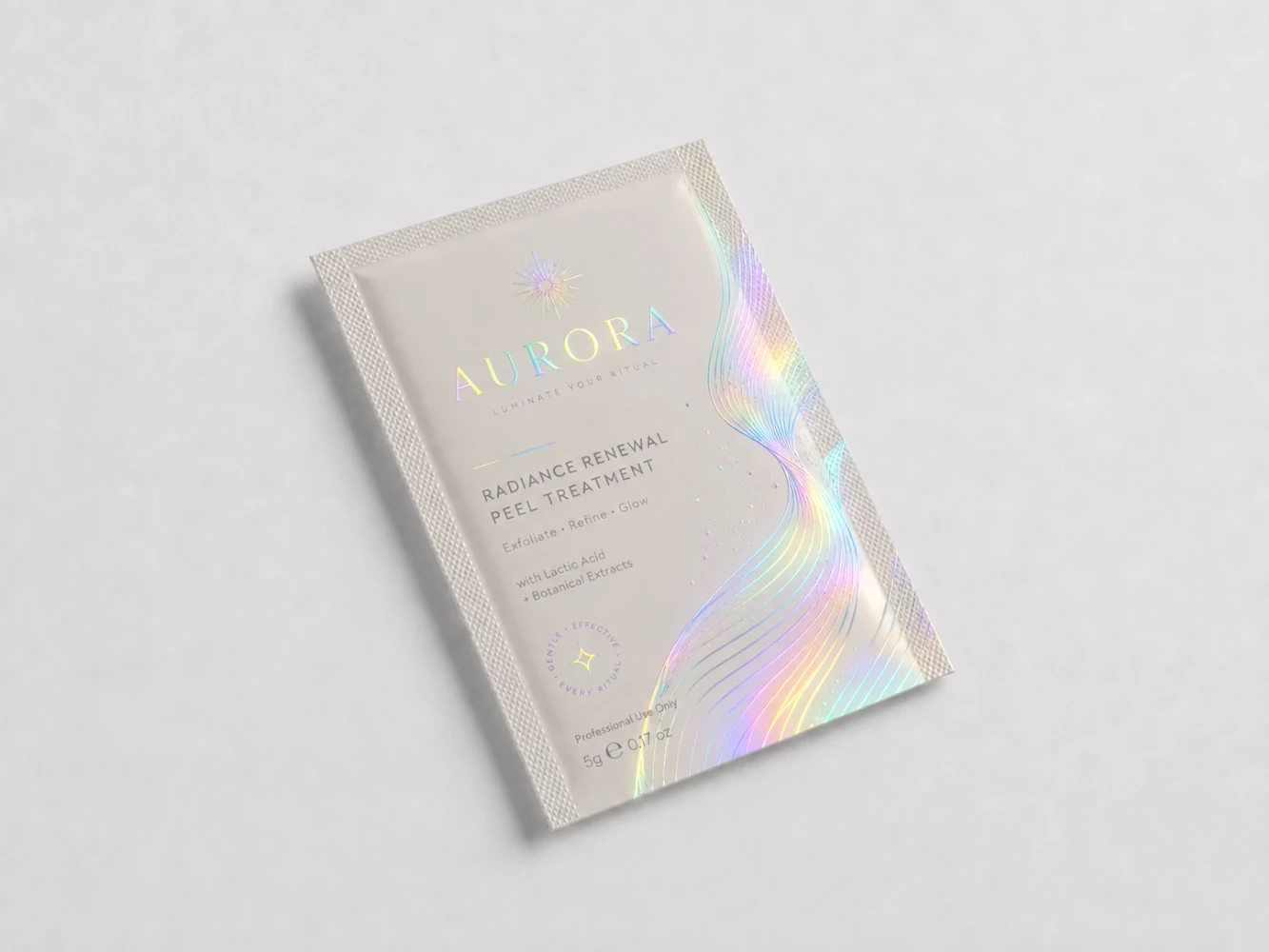 Holographic surface finish on flat pouch — iridescent effect for premium retail packaging
