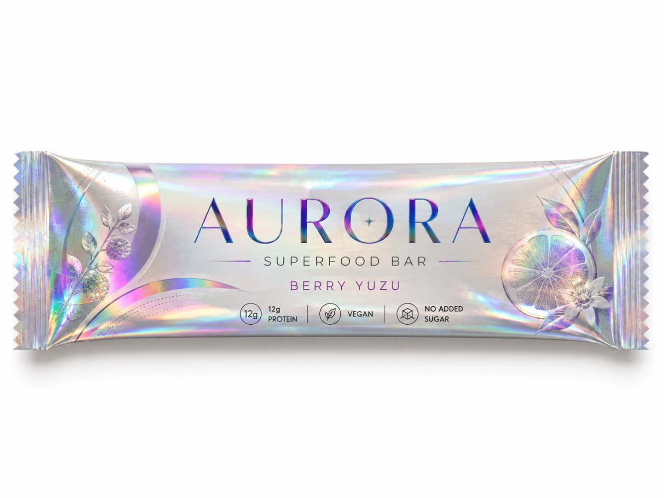 Holographic surface finish on pillow bag — iridescent effect for premium retail packaging