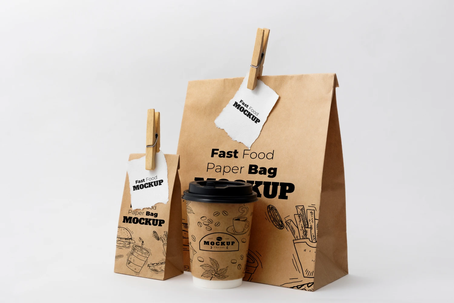 Coffee shop takeaway coffee cups and bags