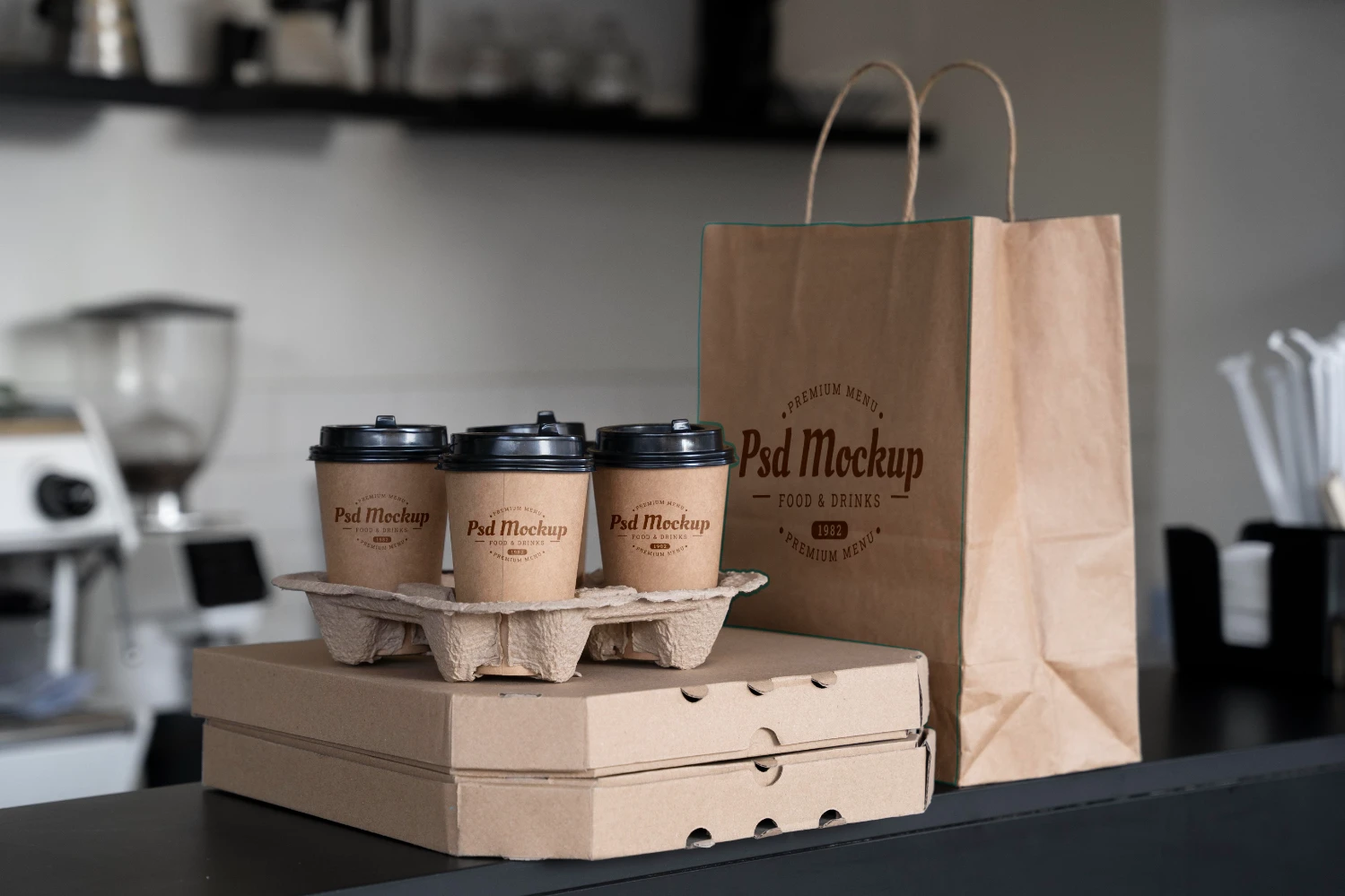 Coffee shop takeaway coffee cups and bags