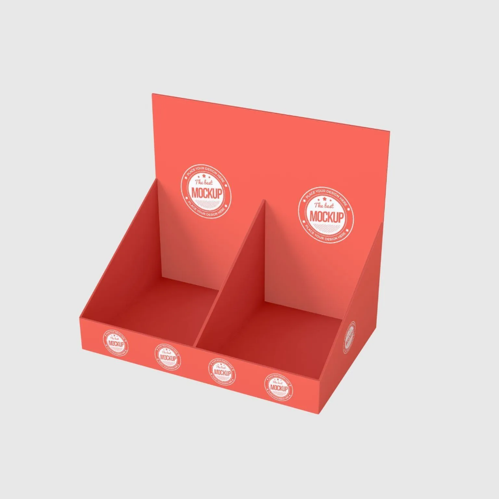 Cardboard display boxes for showcasing products.