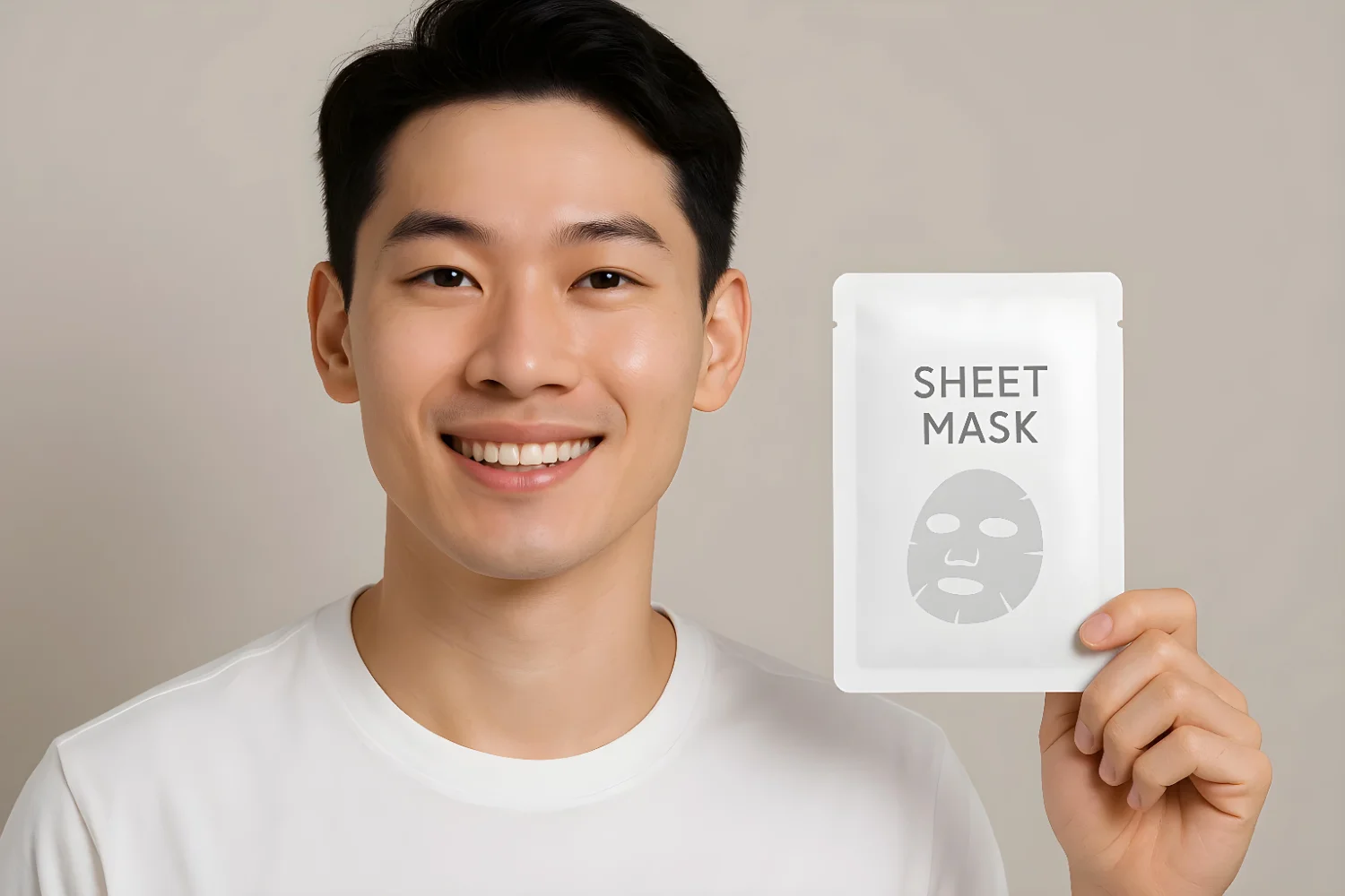 person is smiling while holding sheet mask package promoting skincare beauty routines concept skincare routine beauty essentials sheet mask benefits smiling model healthy skin tips