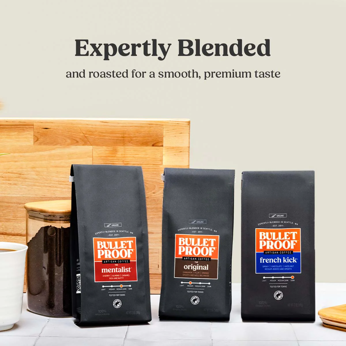 Bulletproof Coffee black matte packaging bag lifestyle display — premium coffee brand retail packaging reference