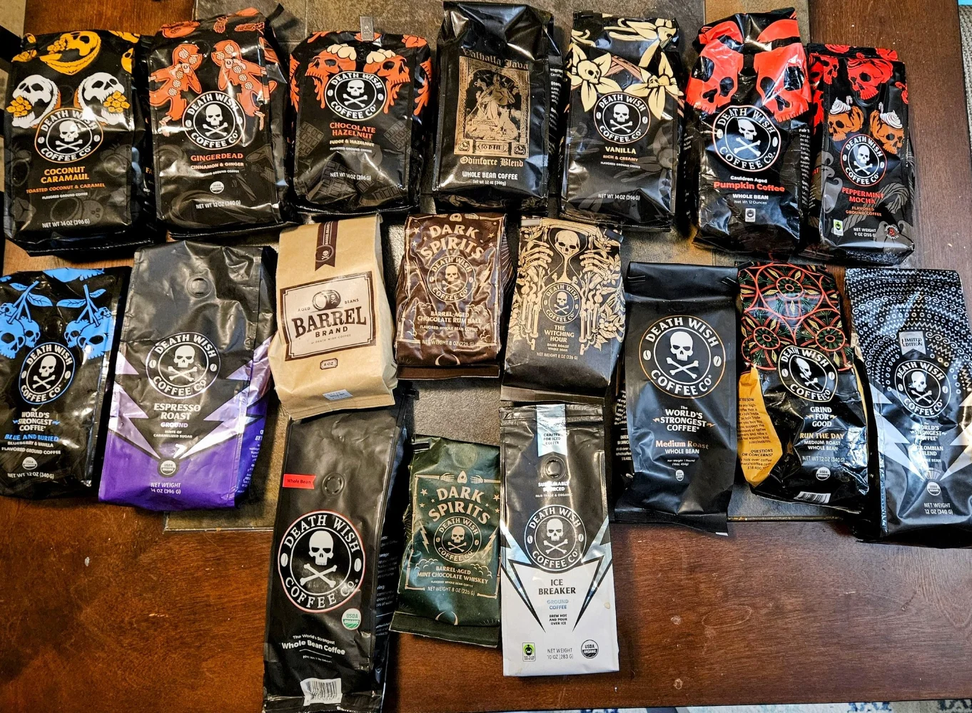 Death Wish Coffee full product range showing multiple SKUs seasonal and limited edition custom pouch packaging designs