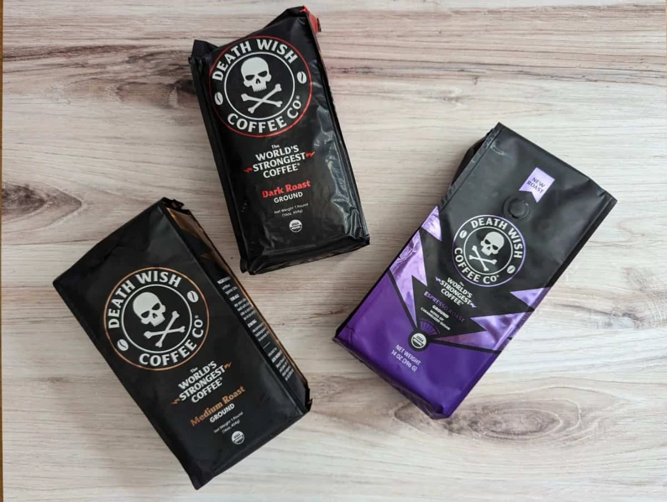Death Wish Coffee stand-up pouch bags showing dark roast medium roast and espresso roast packaging structure