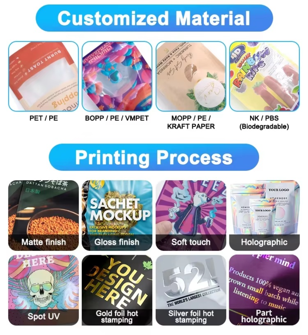JINYI custom packaging material and printing process options including matte gloss holographic and foil stamping finishes