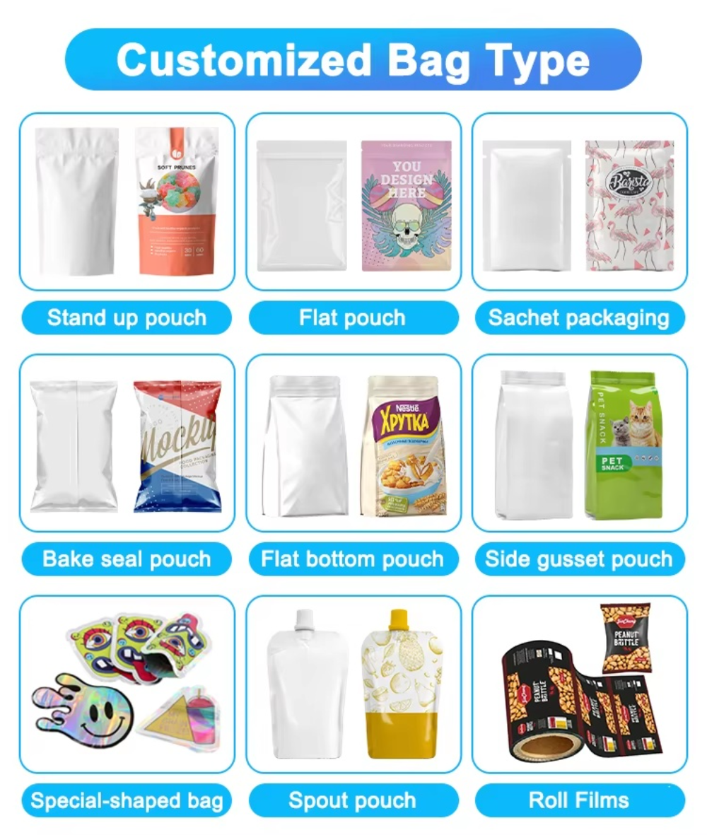 JINYI customized bag type options including stand-up pouch flat pouch side gusset spout pouch and roll film