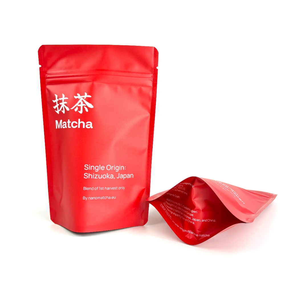JINYI custom red matte matcha stand-up pouch with Matcha label — single-origin matcha flexible packaging factory-direct