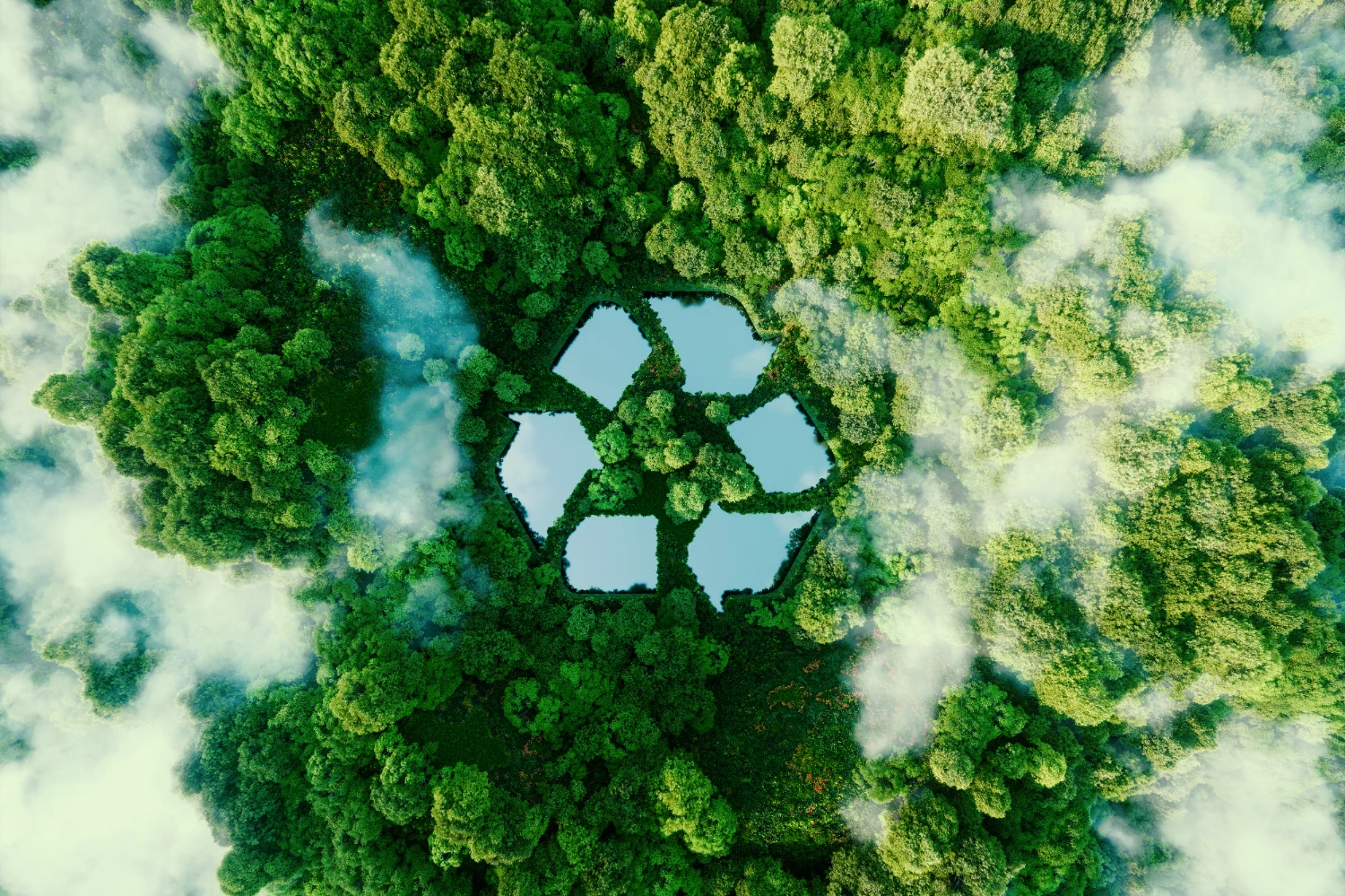 Aerial view of forest with recycling symbol shaped lake — sustainable packaging and eco-friendly materials reference