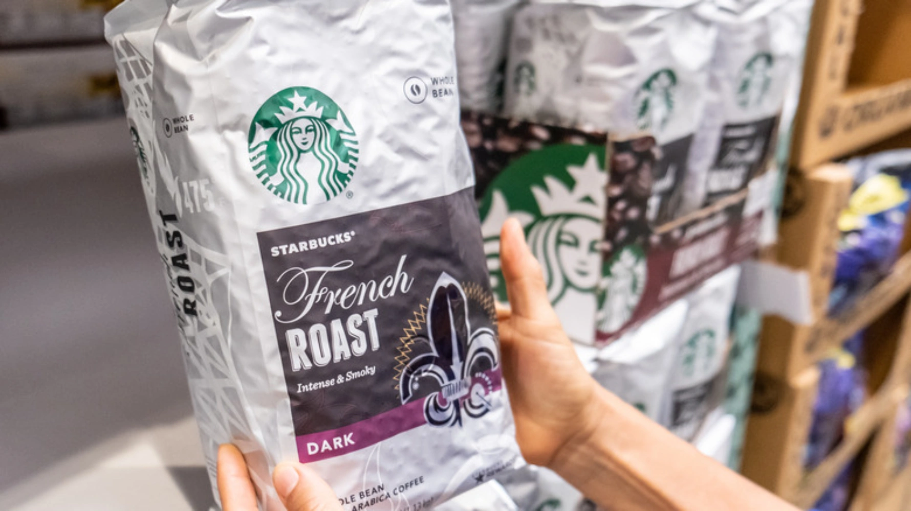 Starbucks French Roast retail coffee bag in store — flat bottom pouch with matte finish and brand artwork