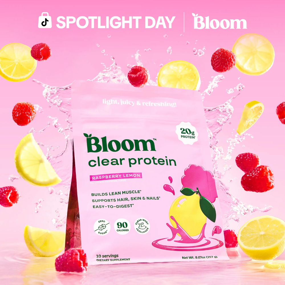 Bloom Nutrition Clear Protein pink packaging — flat-bottom bag with gloss finish showing fruit-forward flavour design and women's wellness branding
