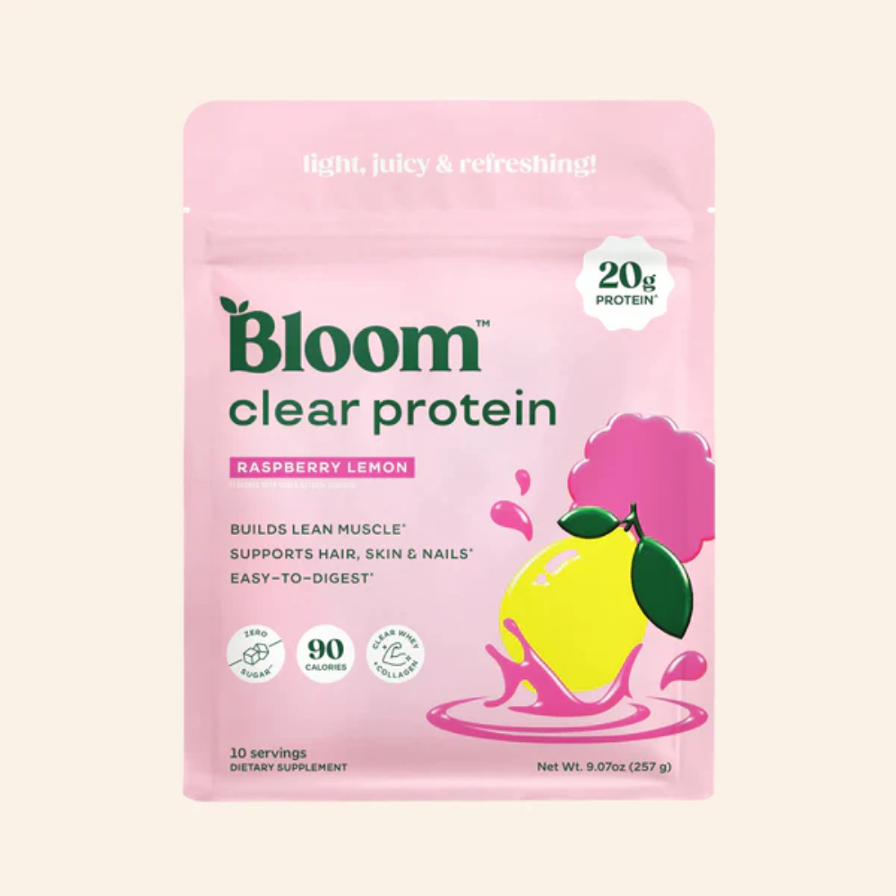Bloom Nutrition Clear Protein stand-up pouch — matte pink flexible packaging for women's wellness supplement with minimal front panel design