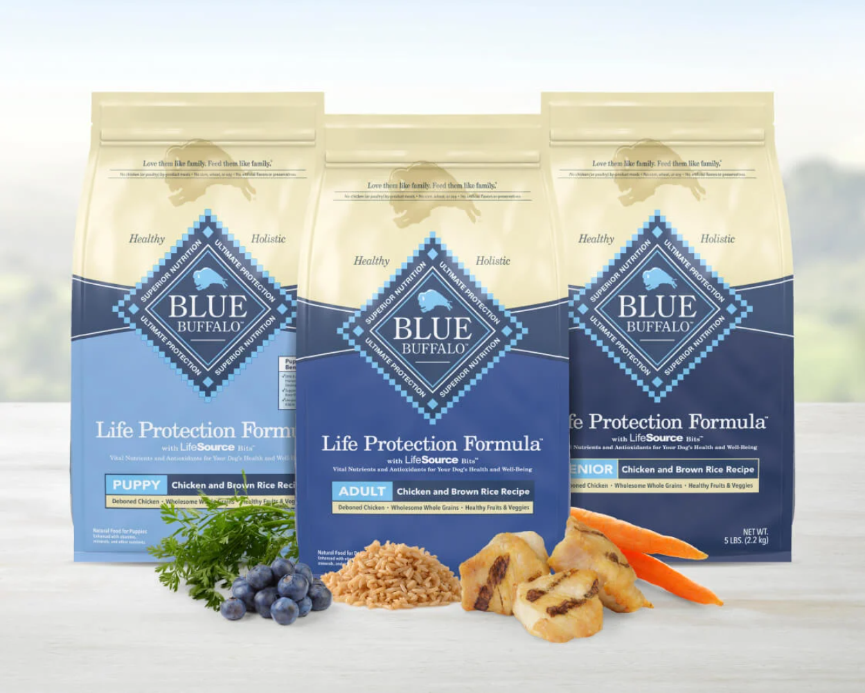 Blue Buffalo Life Protection Formula dry dog food bag lineup — flat-bottom and stand-up pouch formats with breed and life stage specific packaging design