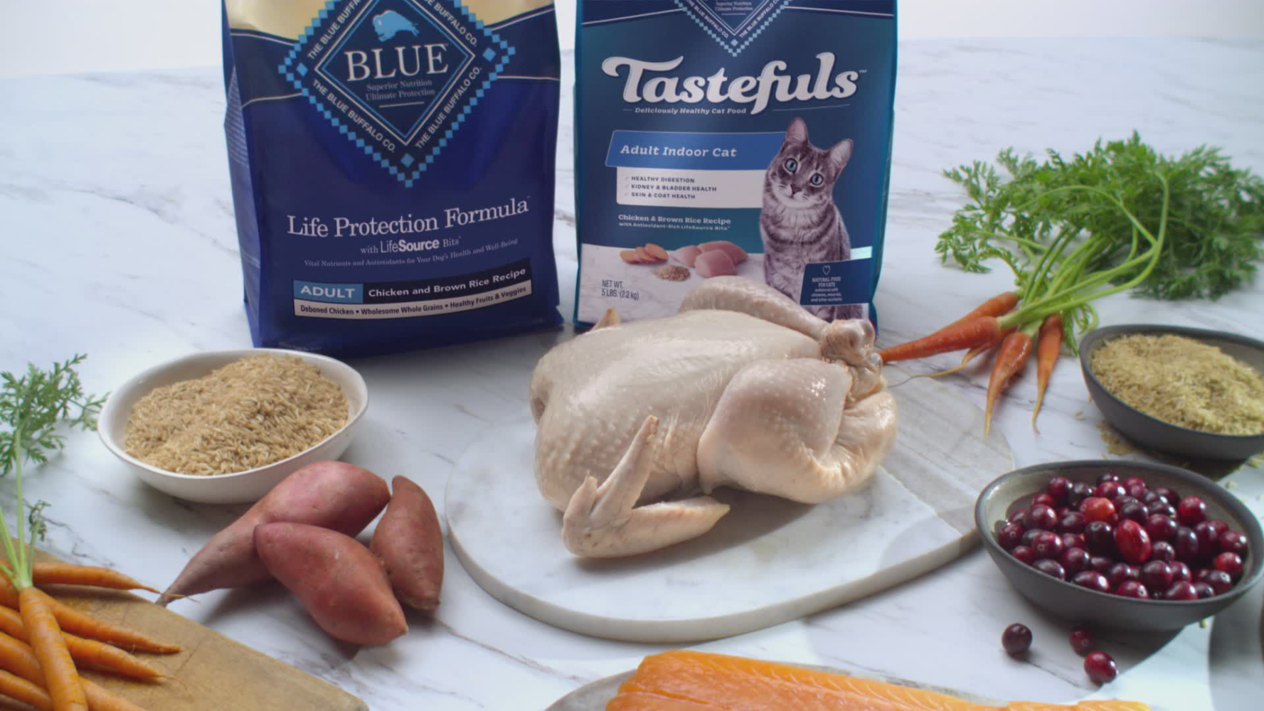 Blue Buffalo natural pet food product range — Life Protection Formula and Wilderness flexible packaging bags with ingredient photography and LifeSource Bits branding