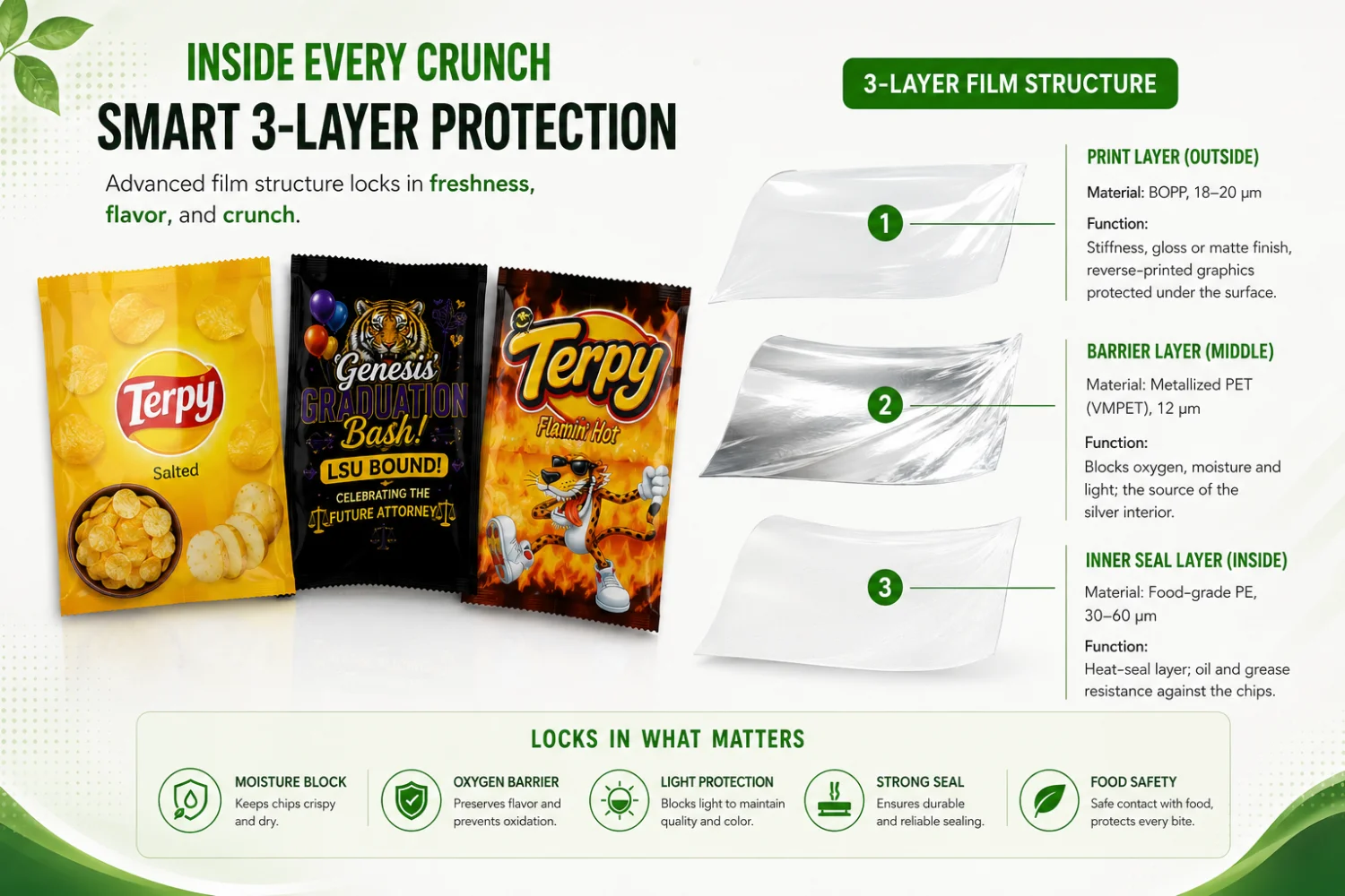 Diagram of a 3-layer chip bag film structure showing print, barrier and seal layers