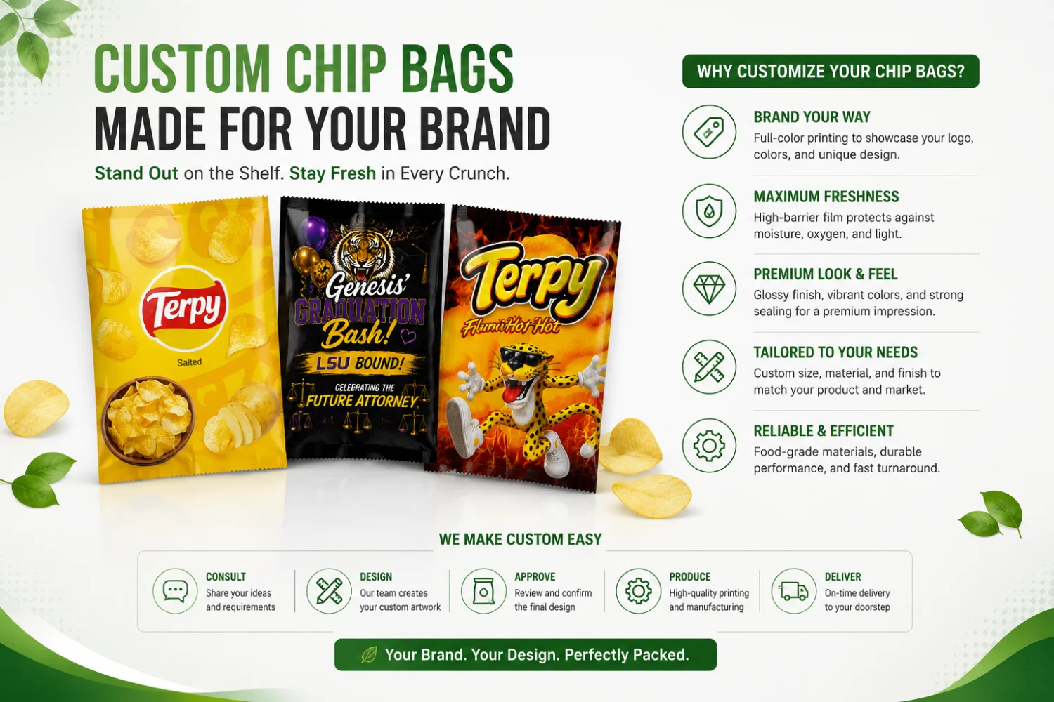 Custom chip bag manufacturing service infographic showing design to delivery process