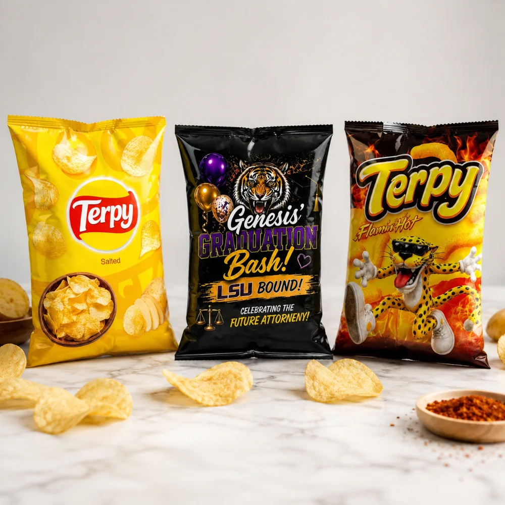 Custom printed stand-up chip bags for Terpy and Genesis brands with potato chips