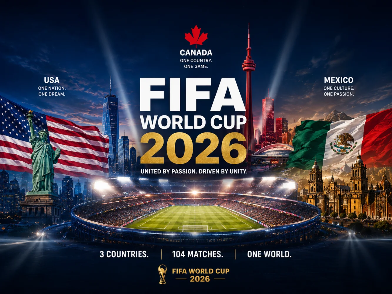 FIFA World Cup 2026 three host nations — USA Canada Mexico united by passion driven by unity tournament visual