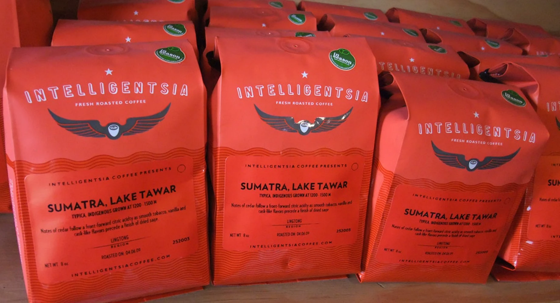 Intelligentsia Coffee Sumatra Lake Tawar single origin bags — direct trade specialty coffee packaging in retail display