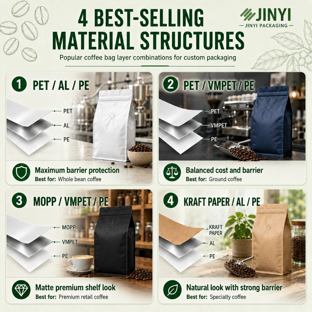 JINYI coffee bag material structures — PET AL PE full foil, PET VMPET PE metalized, MOPP VMPET PE, and kraft paper AL PE laminate options for custom coffee packaging