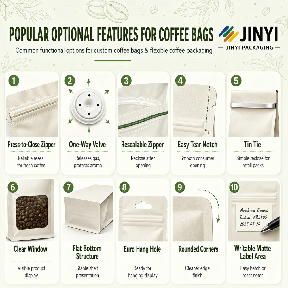 JINYI custom coffee bag optional features — press-to-close zipper, one-way valve, resealable zipper, easy tear notch, tin tie, clear window, flat bottom structure, euro hang hole, rounded corners, writable matte label area