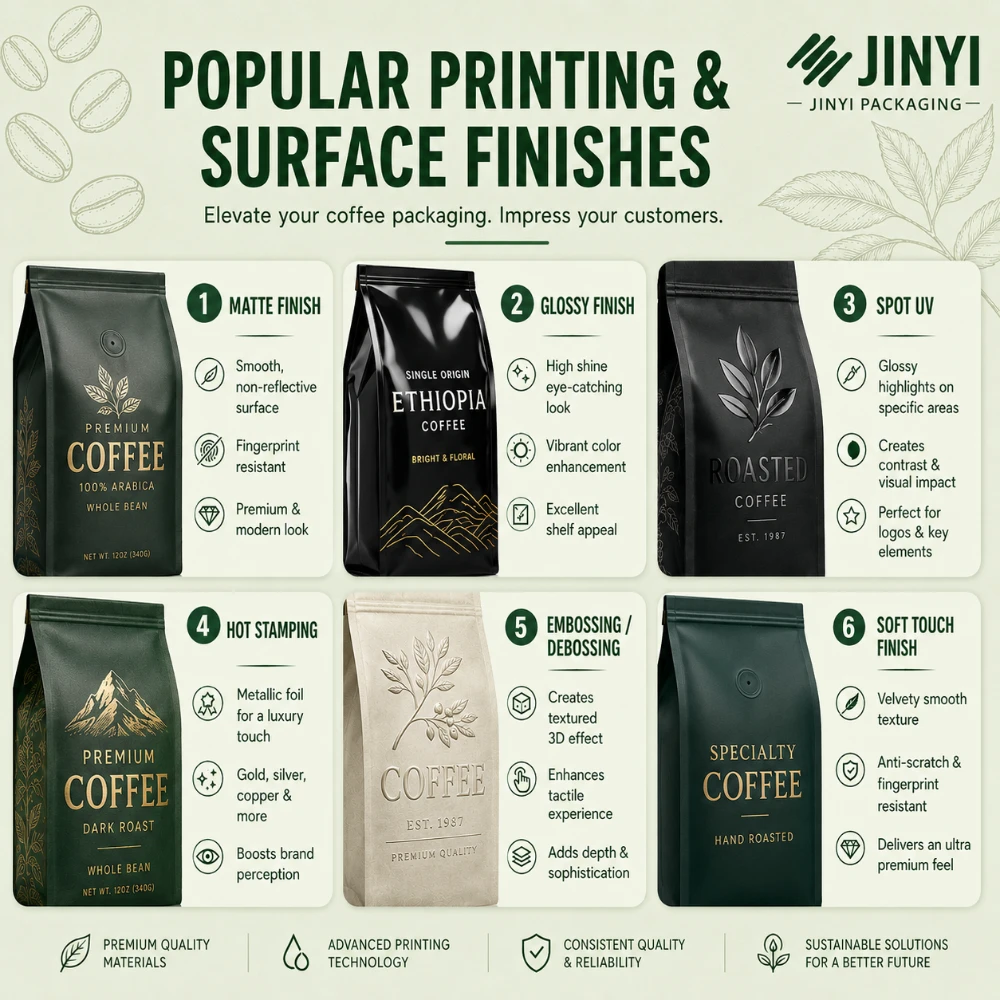JINYI coffee bag surface finish options — matte finish, glossy finish, spot UV, hot stamping, embossing debossing, and soft touch finish for custom coffee packaging