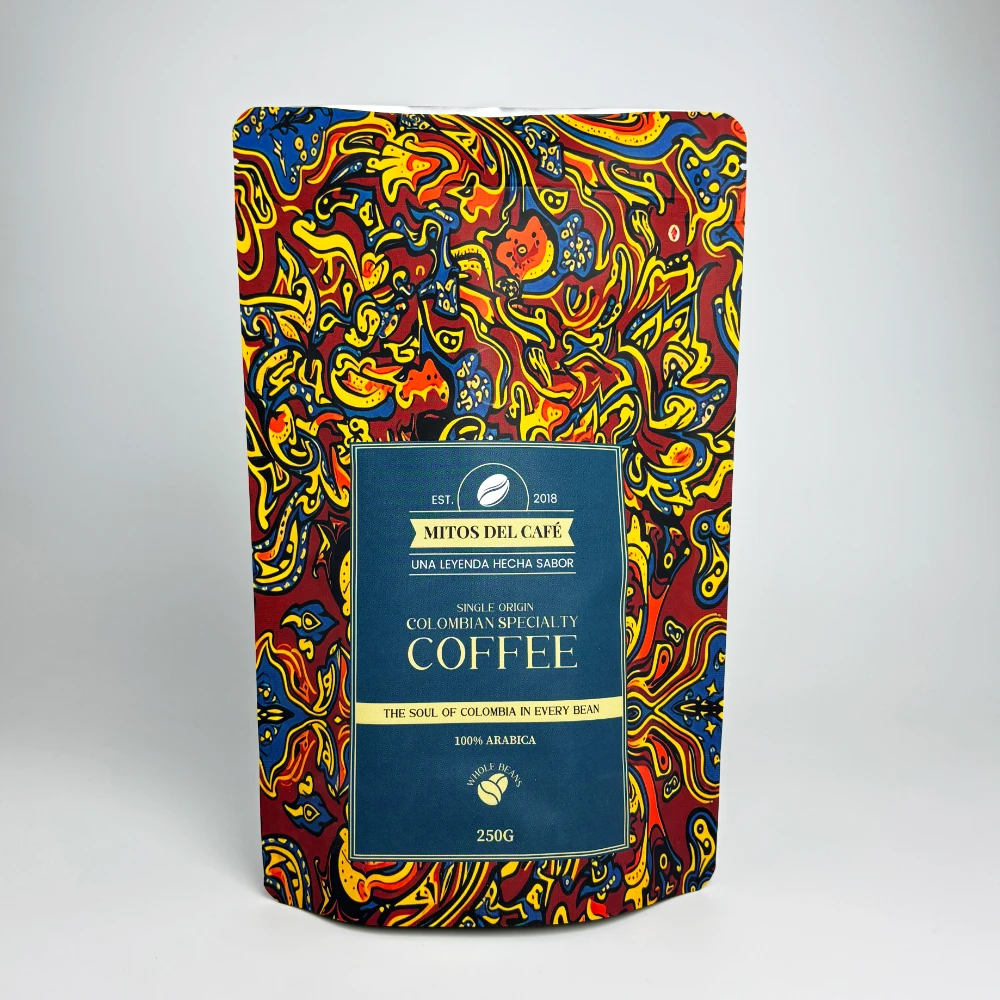 JINYI custom coffee stand-up pouch with full-coverage geometric pattern print — factory-direct specialty coffee flexible packaging showing high-precision colour registration