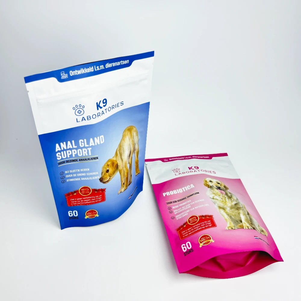 JINYI custom pet food stand-up pouches produced for Netherlands pet food brand — factory-direct flexible packaging with full-colour print and resealable zipper