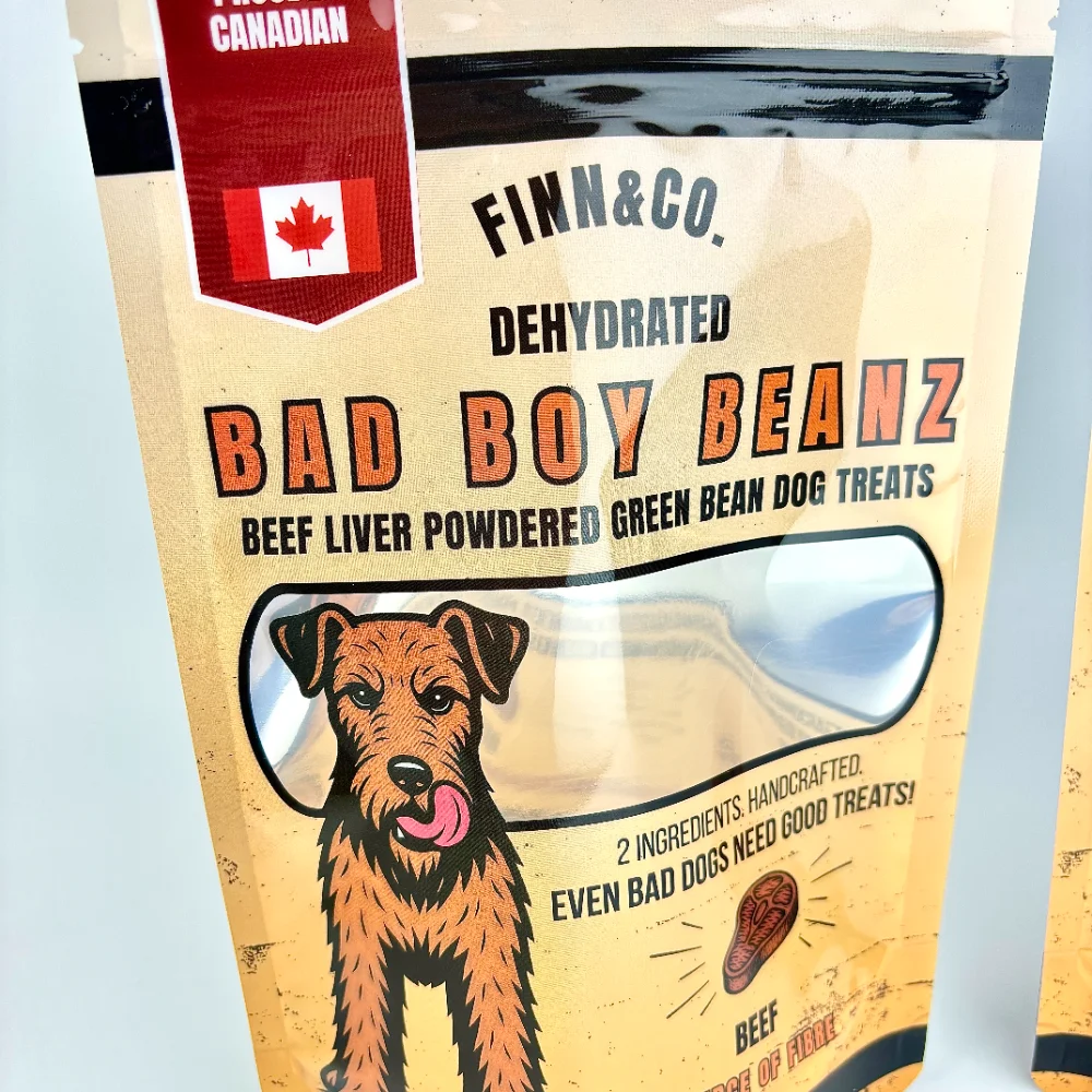 JINYI custom white flexible packaging bags for pet food — factory production showing stand-up pouch format with full-colour print for dog food brands