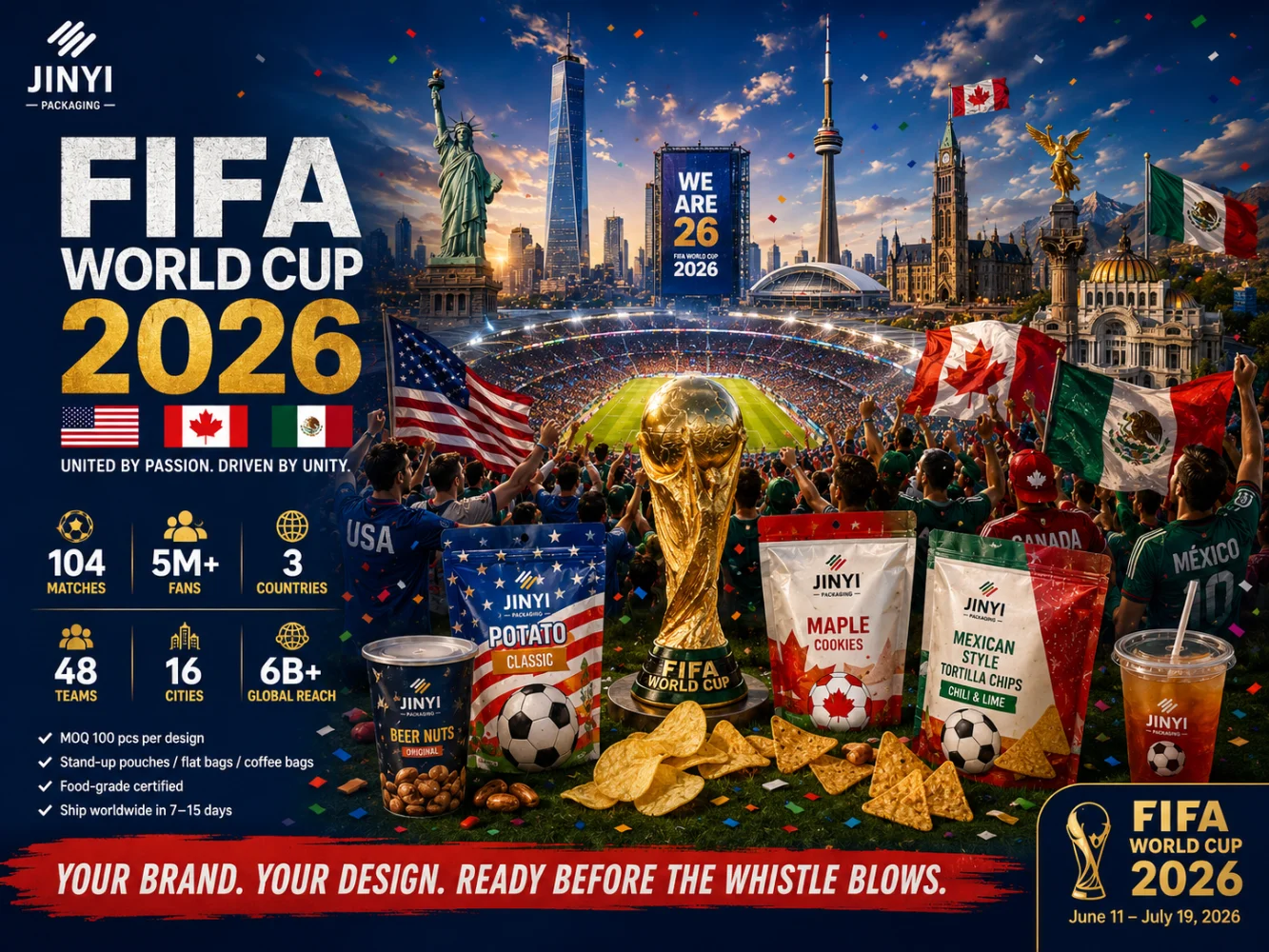 JINYI FIFA World Cup 2026 packaging poster — USA Canada Mexico three host nations custom flexible packaging solutions