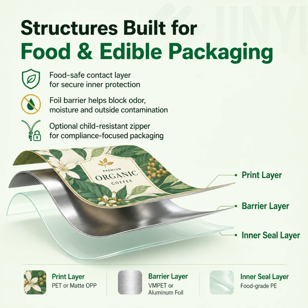 JINYI flexible packaging film structure — print layer, barrier layer VMPET or aluminium foil, and food-grade PE inner seal layer