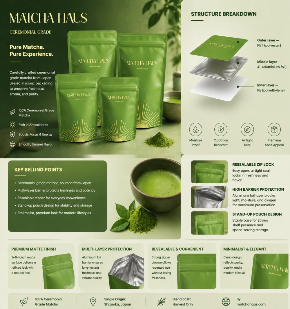 JINYI stand-up pouch film structure breakdown for matcha powder packaging — showing high-barrier laminate layers with matte finish and resealable zipper components