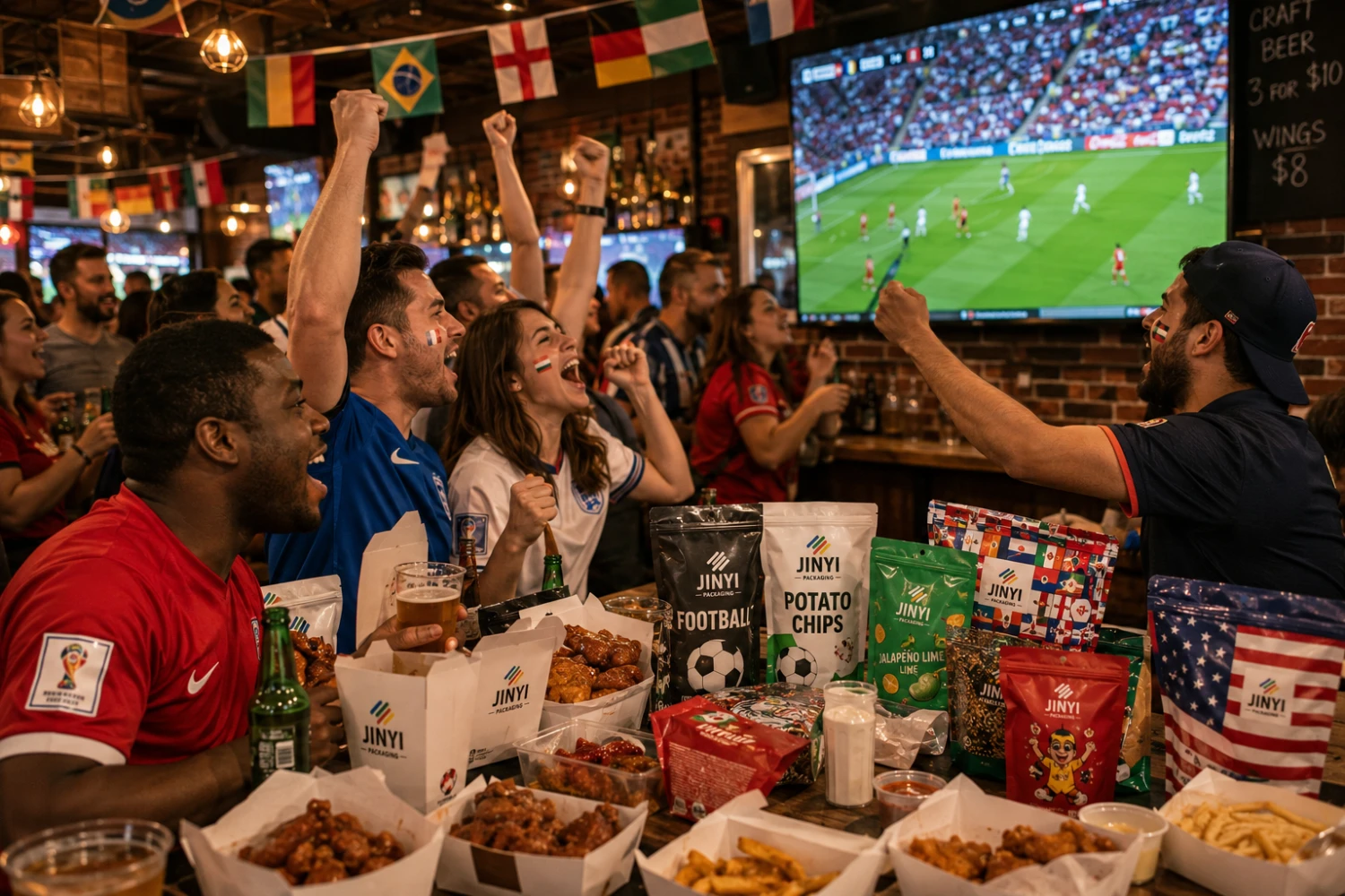World Cup 2026 bar viewing party with JINYI custom snack packaging — food and beverage brands activating during match day