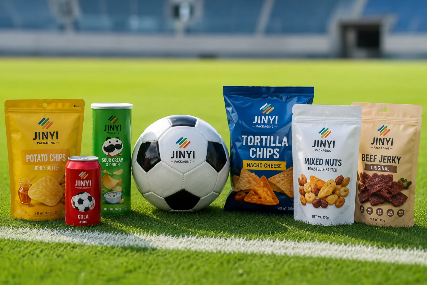JINYI custom snack packaging range on football pitch — World Cup 2026 flexible pouches for food and beverage brands