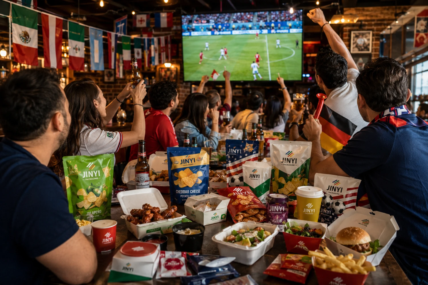 World Cup 2026 sports bar fans watching match with food and beverage packaging — custom pouches and takeaway boxes for event brands
