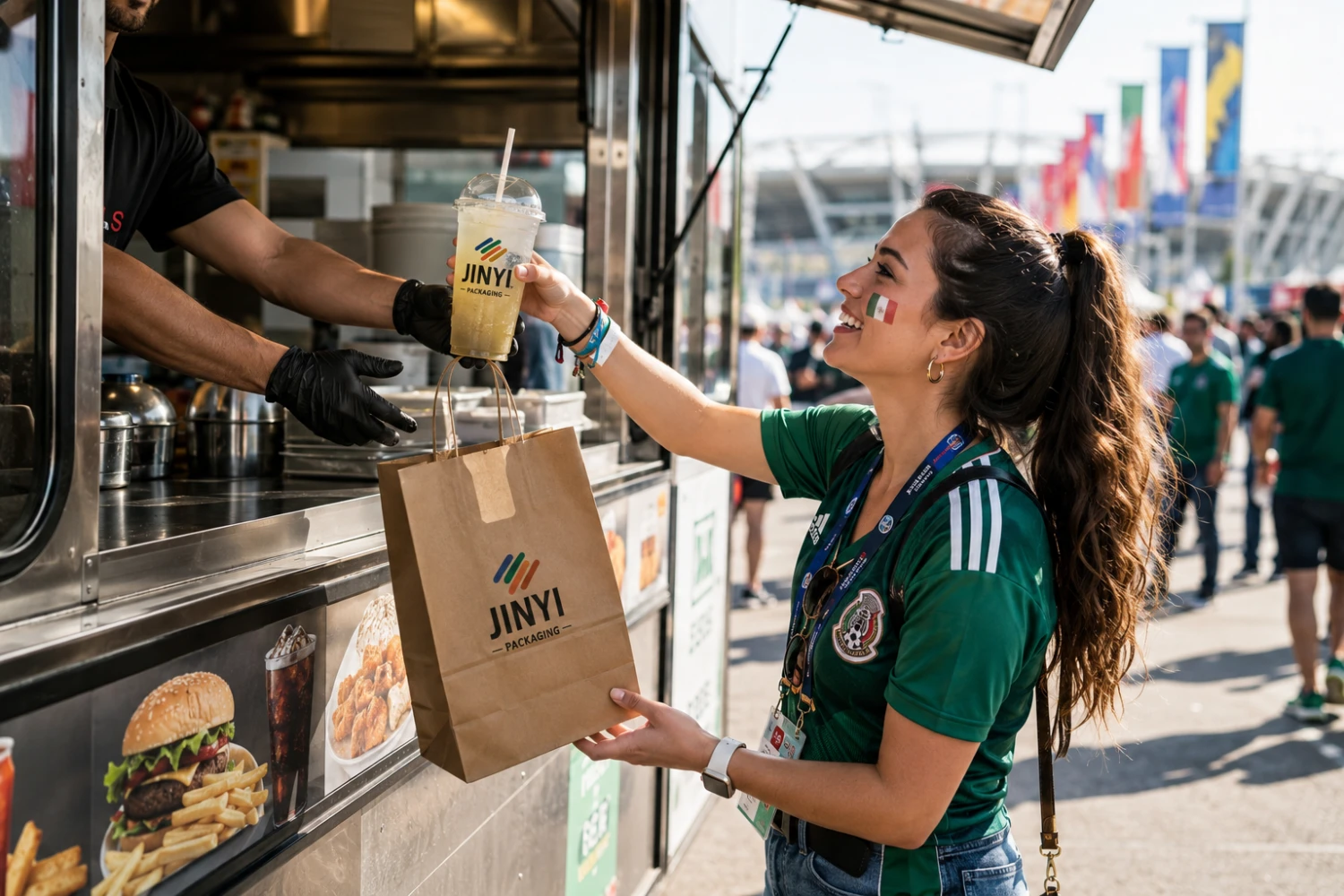 World Cup 2026 stadium food truck with JINYI custom kraft paper bag — takeaway packaging for sports event food service brands