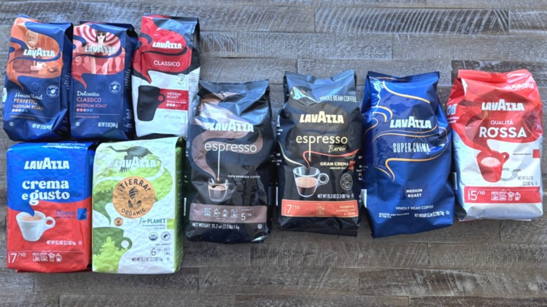 Lavazza coffee retail packaging range — vacuum brick packs and flexible soft bags showing multiple blend formats across the Italian coffee brand's product line