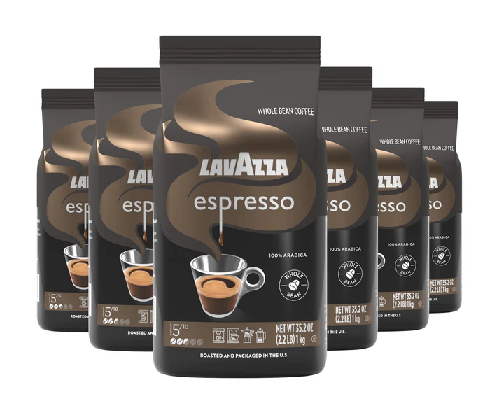 Lavazza Espresso whole bean coffee flexible bags — dark brown stand-up pouch design with steam artwork and 100% Arabica branding showing Italian coffee packaging design language