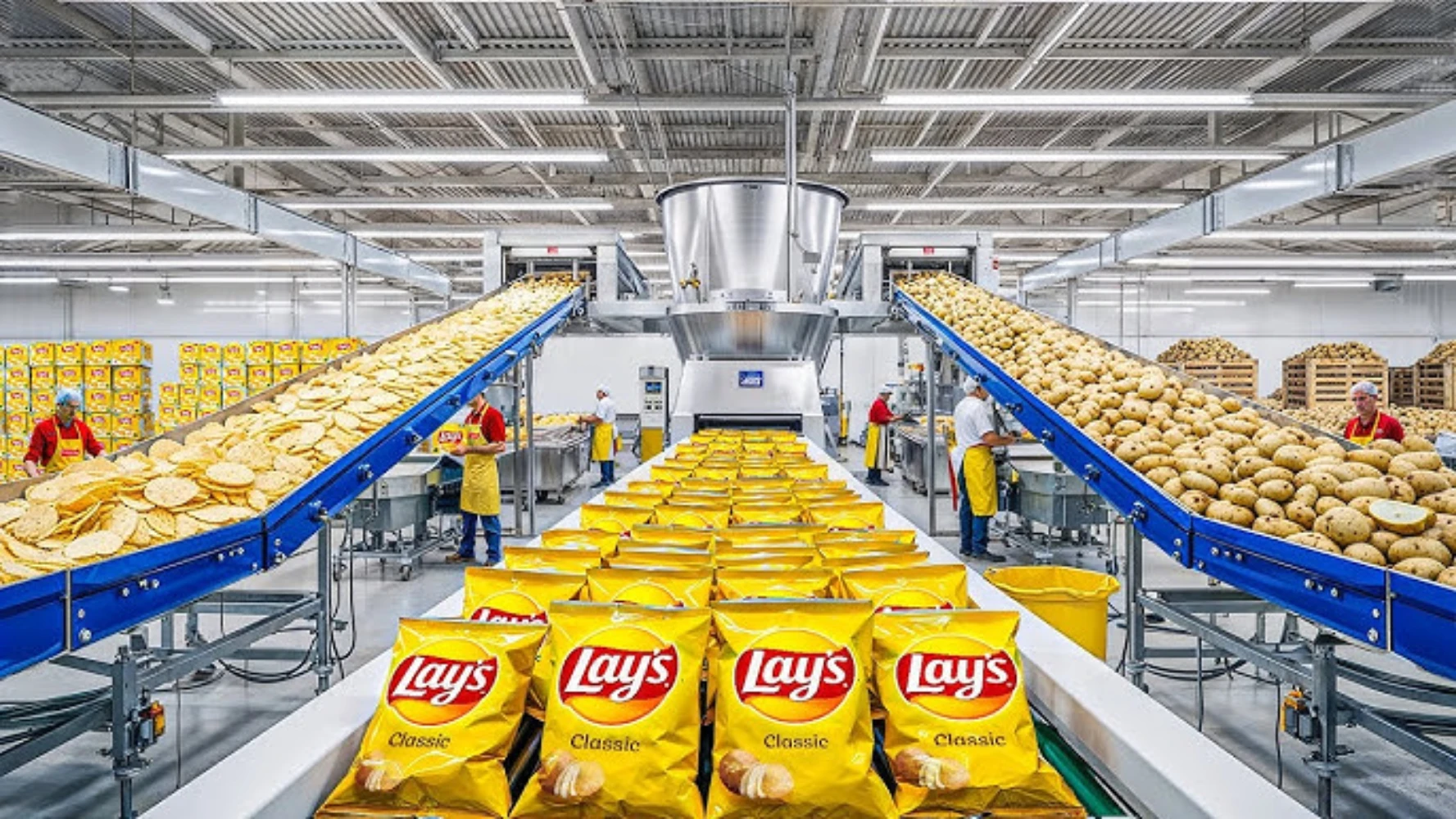 Potato chips and finished Lay's bags moving along a factory production line