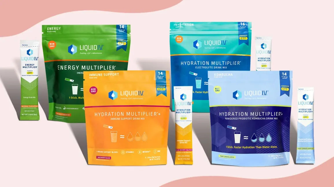 Liquid IV hydration multiplier product range — resealable stand-up pouches and individual electrolyte stick packs showing dual-format packaging system across multiple flavours
