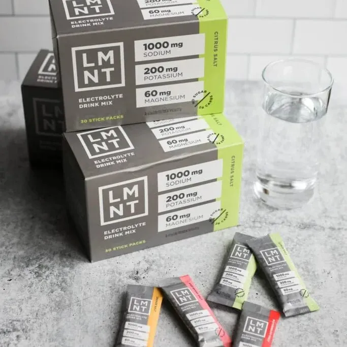 LMNT electrolyte drink mix carton box with individual stick packs — packaging design detail