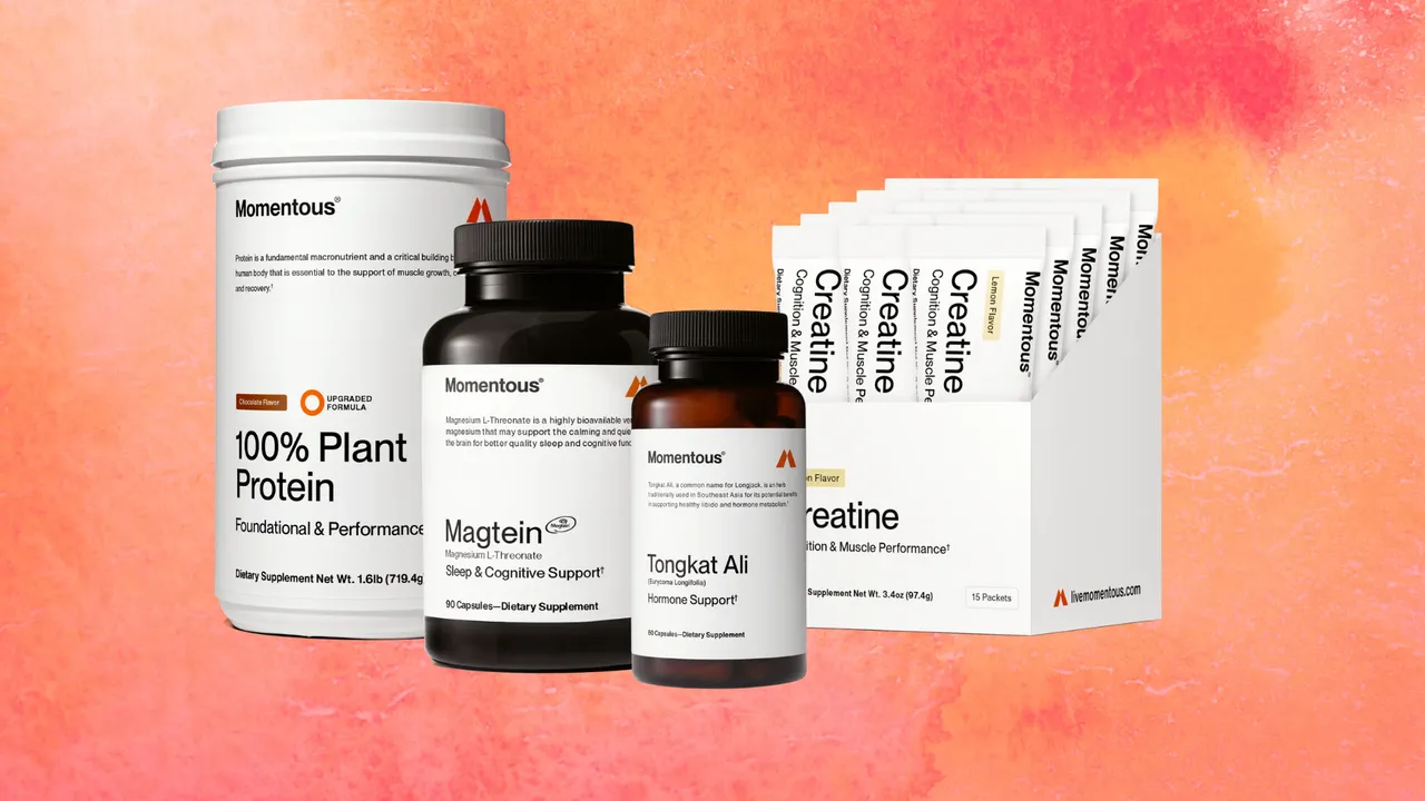 Momentous supplement product range — plant protein pouch, creatine and Magtein in stand-up pouch and bottle formats