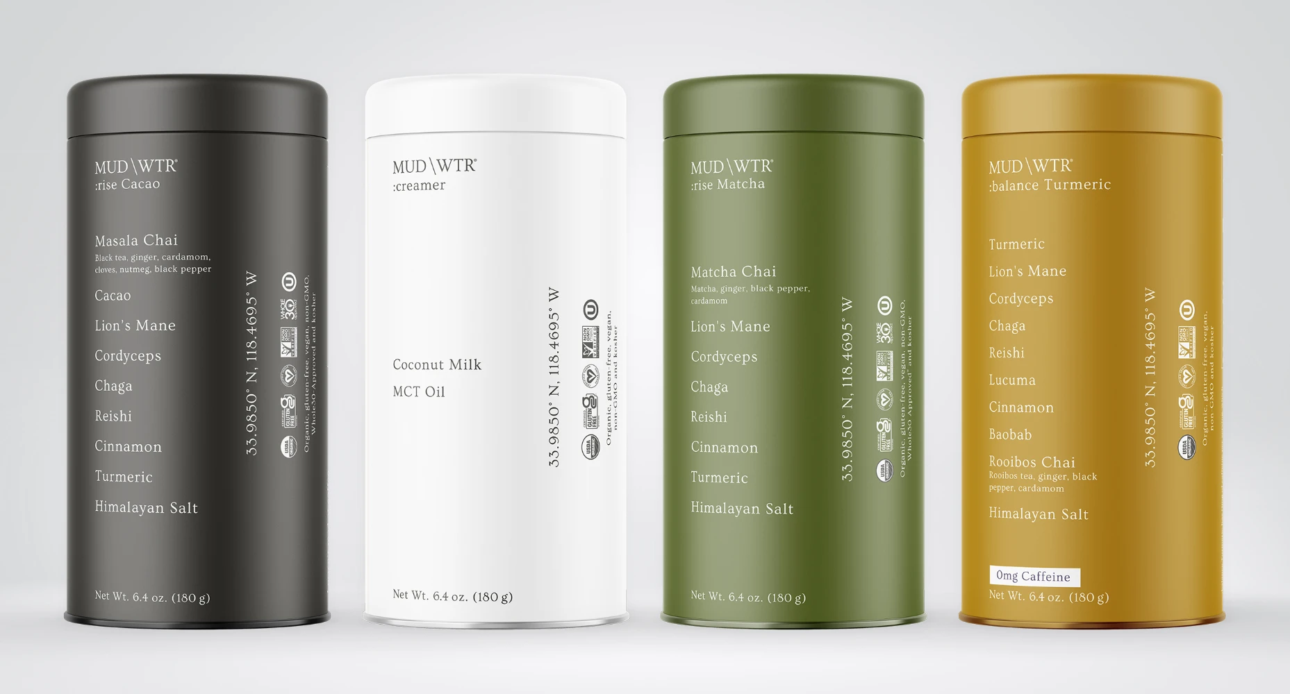 MUD\WTR aluminum tin packaging range — multiple SKUs showing color-block design system across product line