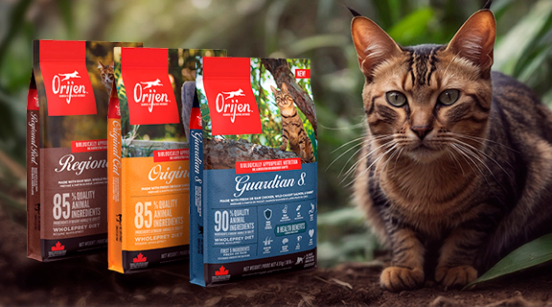 ORIJEN dry pet food bag range — multiple recipes and packaging formats on display