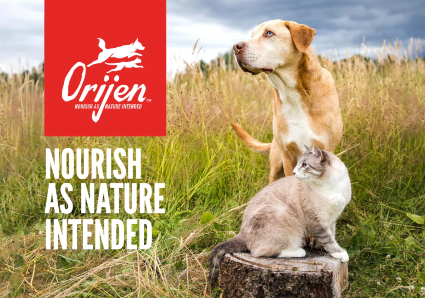 Embalagem da marca ORIJEN - Campanha "Nourish As Nature Intended" com imagens de cães e gatos