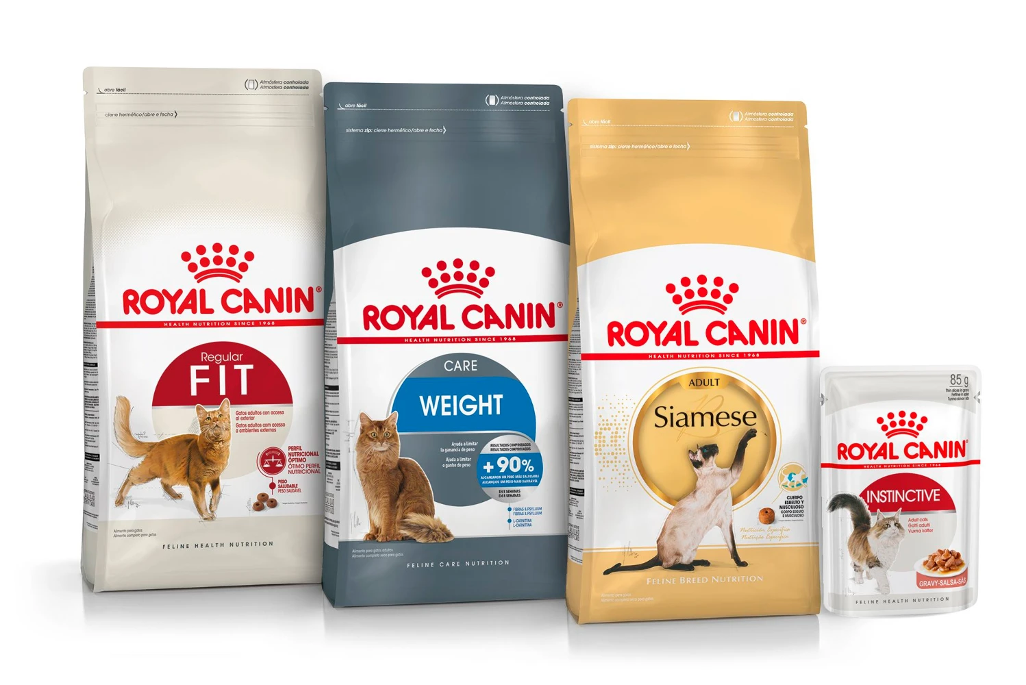 Royal Canin cat food flexible packaging range — white stand-up pouches and flat-bottom bags for adult and breed-specific cat nutrition