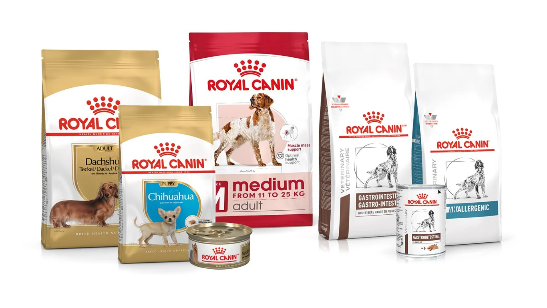 Royal Canin dog and cat food packaging product range — white flexible bags showing breed-specific and size-specific dry food formats for retail and veterinary channels
