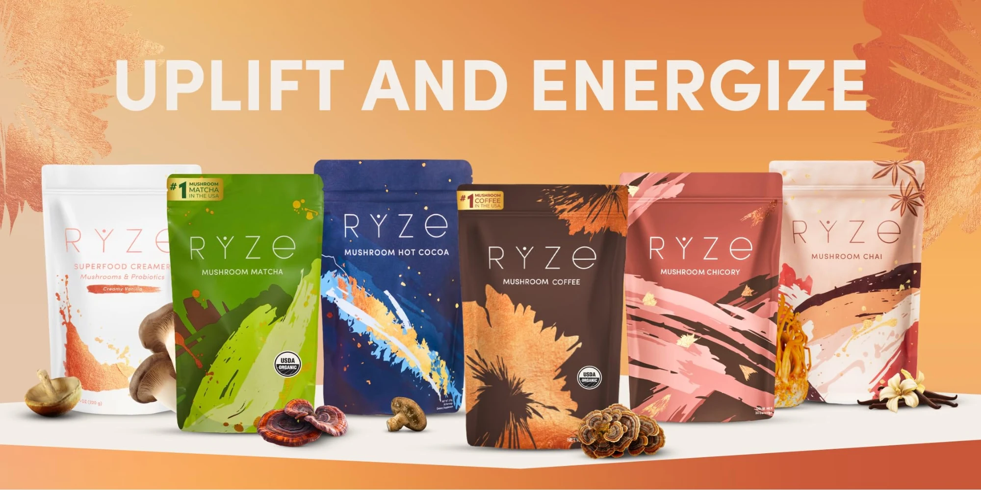 RYZE Mushroom Coffee full product range packaging — stand-up pouches showing mushroom coffee matcha cocoa and chicory variants in earth-tone colour family design system